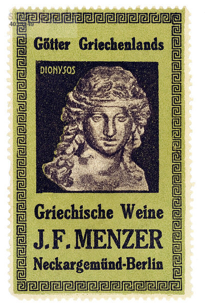 Reklamemarke  Götter Griechenlands  Griechische Weine J. F. Menzer  Neckargemünd-Berlin  Dionysos