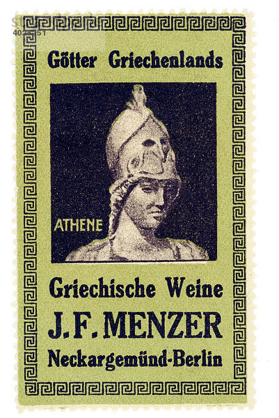 Reklamemarke  Götter Griechenlands  Griechische Weine J. F. Menzer  Neckargemünd-Berlin  Athene