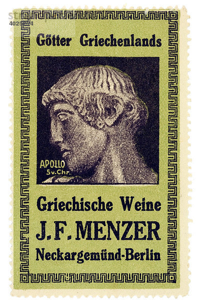 Reklamemarke  Götter Griechenlands  Griechische Weine J. F. Menzer  Neckargemünd-Berlin  Apollo