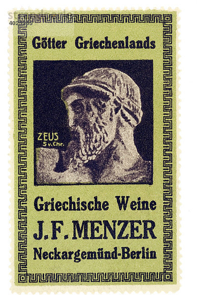 Reklamemarke  Götter Griechenlands  Griechische Weine J. F. Menzer  Neckargemünd-Berlin  Zeus