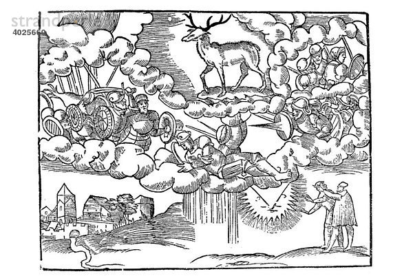 Holzschnitt  Cerui et pugnantium simulacra in Aere  Bild mit kämpfenden Soldaten in den Lüften  Wolken  Aldrovandi  Historia Monstrorum  1642  Renaissance