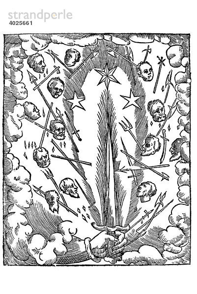 Holzschnitt  Cometa portentosus et horribilis  schrecklicher  torartiger Komet  flammendes Schwert  abgeschlagene Köpfe  Aldrovandi  Historia Monstrorum  1642  Renaissance