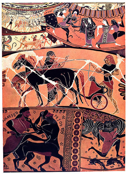 Historische Illustration  griechische Ornamente  Bruchstücke von griechischen Tongefäßen  Antike Denkmäler  herausgegeben von der Archäologischen Gesellschaft