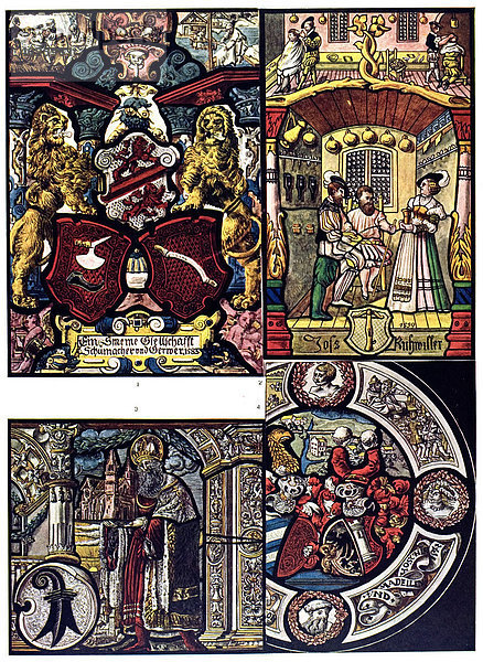 Historische Illustration  deutsche Ornamente  Schweizer Glasmalereien