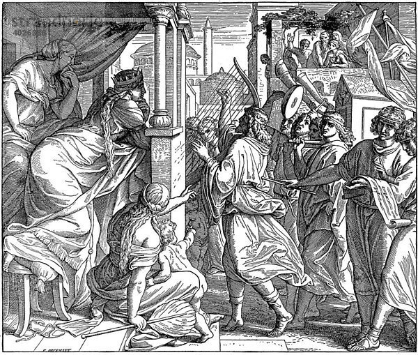 Holzschnitt  David wird von Michol verspottet  2. Buch Samuel  6  16  Altes Testament  Katholische Bilder-Bibel