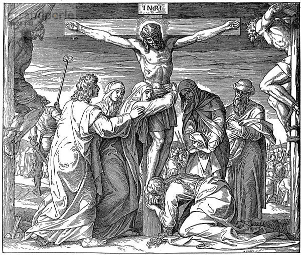 Holzschnitt  Jesus stirbt am Kreuz  Johannes  19  30  Neues Testament  Katholische Bilder-Bibel  Kreuzigung
