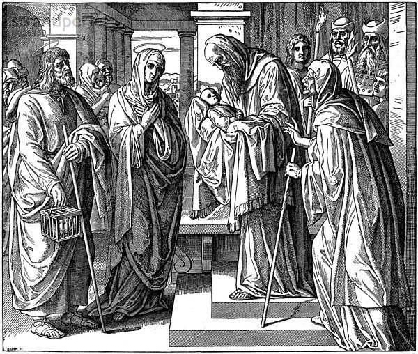 Holzschnitt  Darstellung Jesu im Tempel  Lukas  2  22  Neues Testament  Katholische Bilder-Bibel