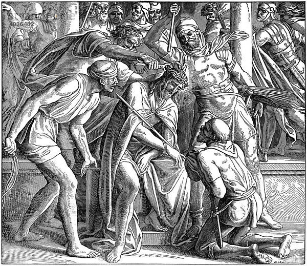 Holzschnitt  Die Geißelung und Dornenkrönug Jesus  Markus  15  19  Neues Testament  Katholische Bilder-Bibel