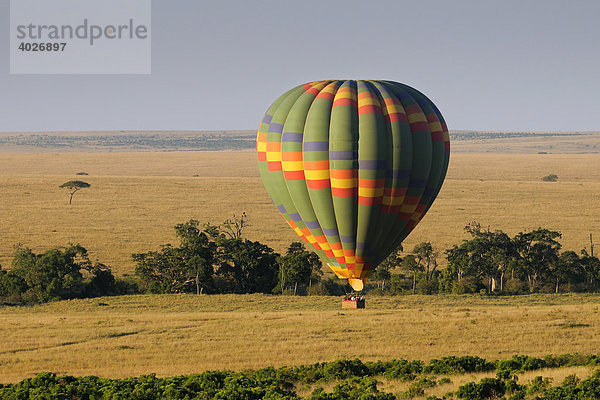 Heißluftballon fährt im ersten Morgenlicht über die Grassteppe der Masai Mara  Nationalpark  Kenia  Ostafrika  Afrika