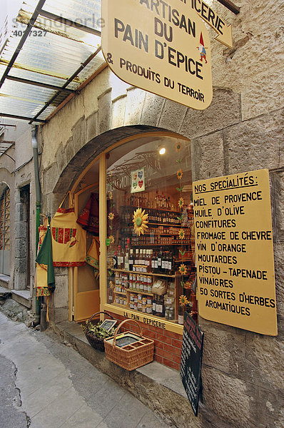 Geschäft  Entrevaux  Alpes-de-Haute-Provence  Provence-Alpes-Cote d'Azur  Südfrankreich  Frankreich  Europa