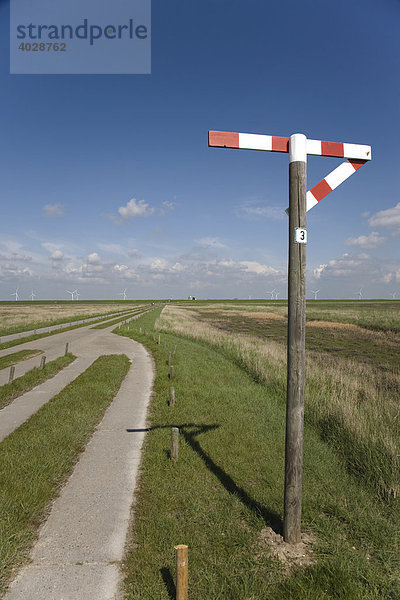 Einspuriger Plattenweg zur Hamburger Hallig  Signal zeigt Ausweichstelle an  Hamburger Hallig  Nordfriesland  Schleswig Holstein  Deutschland  Europa