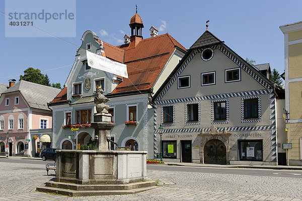 Löwenbrunnen am Marktplatz vor dem Rathaus  Weyer Markt  Oberösterreich  Österreich  Europa