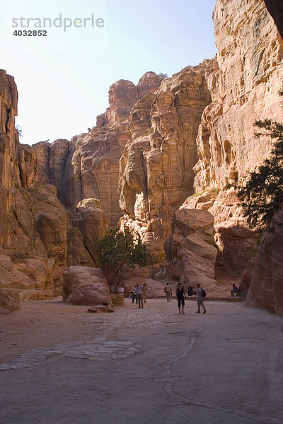 Touristen laufen durch das Siq  Petra  Jordanien  Südwest Asien
