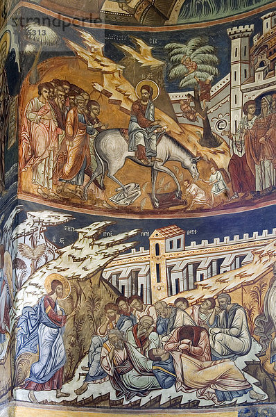 Naos der Klosterkirche Heiliger Nikolaus von Probota  Fresken mit biblischen Szenen und Heiligenlegenden  Welterbe der UNESCO  Süd-Bukowina  Moldau  Rumänien  Europa