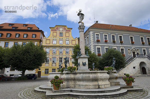 Brunnen  rechts Rathaus  Neuburg an der Donau  Oberbayern  Bayern  Deutschland  Europa