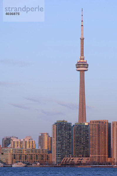 CN-Turm und Gebäude am Hafen im Morgenlicht  Toronto  Ontario  Kanada