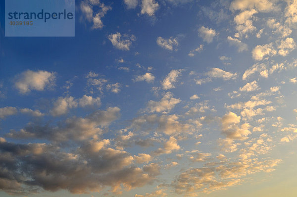 Schönwetterwolken bei untergehender Sonne vor blauem Himmel