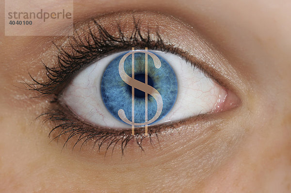 Detailaufnahme Auge Iris blau mit Dollar-Symbol als Symbolbild für Geldgier