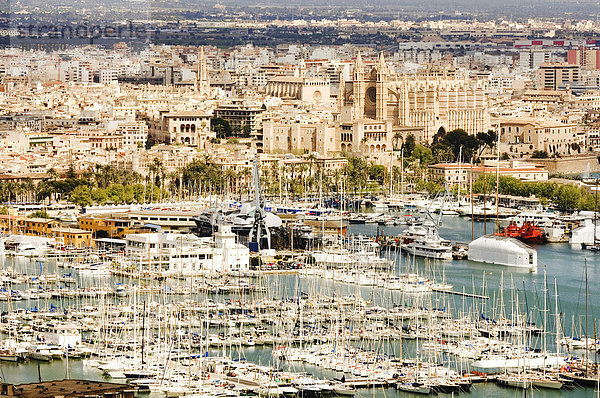 Blick über Hafen und Altstadt mit der Kathedrale Sa Seu  Palma de Mallorca  Balearen  Spanien  Europa