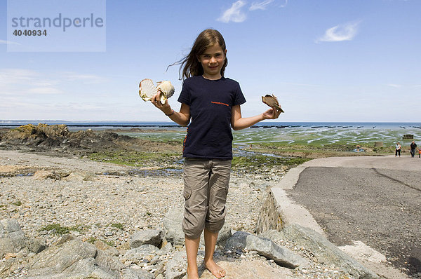Mädchen mit gesammelten Muschelschalen in der Bucht von St. Brieuc  Bretagne  Frankreich  Europa