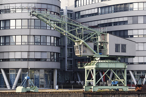 Bürogebäude Five Boats  alter Hafenkran  Innenhafen Duisburg  Ruhrgebiet  Nordrhein-Westfalen  Deutschland  Europa