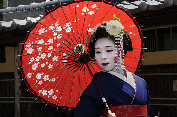 Maiko  Geisha in Ausbildung  mit rotem Sonnenschirm  Kyoto  Japan  Asien