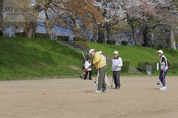 Eine Art Gateball wird von japanischen Senioren gespielt während der Kirschblüte am Kamo Fluss  Japan  Asien