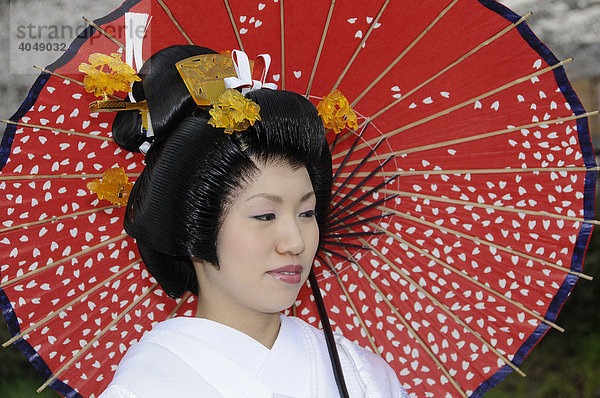 Braut mit Hochzeitskimono und traditionellem Papiersonnenschirm  traditionelle japanische Hochzeitsfrisur  Japan  Asien