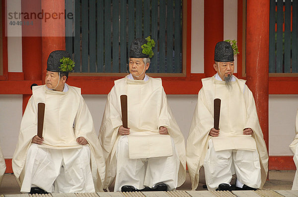 Sitzende shintoistische Priester beim rituellen Bogenschießen im Shimogamo Schrein  Kyoto  Japan  Asien