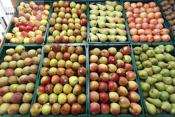 Obsttheke in einem Lebensmittelmarkt  Paffrath  Bergisch Gladbach  Nordrhein-Westfalen  Deutschland  Europa