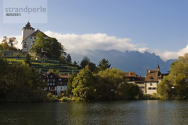 Schloss Werdenberg und Häuser des Städtchens  dahinter die Bergkette des Alpsteins  Gemeinde Grabs  Kanton St. Gallen  Schweiz  Europa