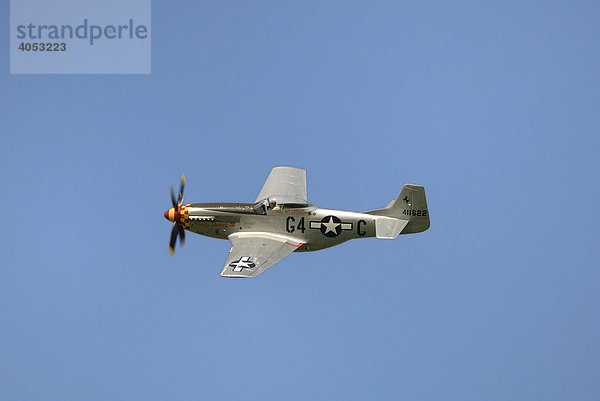 Legendäres amerikanisches Jagdflugzeug North American P-51 Mustang im tiefen Überflug