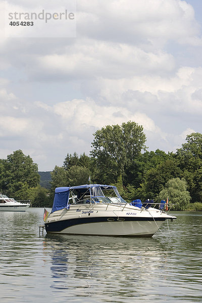 Motorboot liegt in den Rheinauen bei Eltville vor Anker  Rheinland-Pfalz  Deutschland  Europa