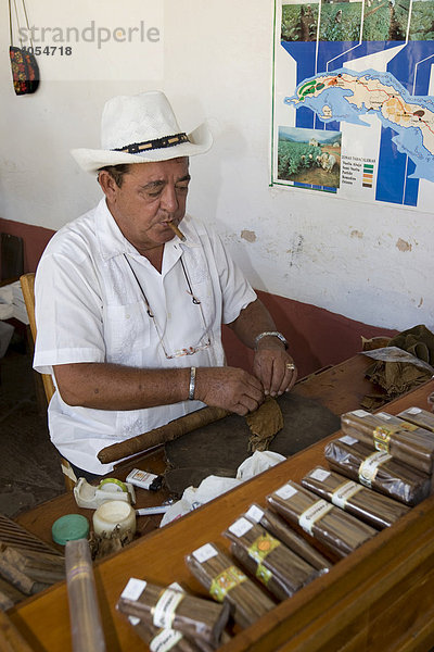 Kubaner fertigt aus Tabak eine Zigarre  Trinidad  Provinz Sancti-Spíritus  Kuba  Lateinamerika  Amerika