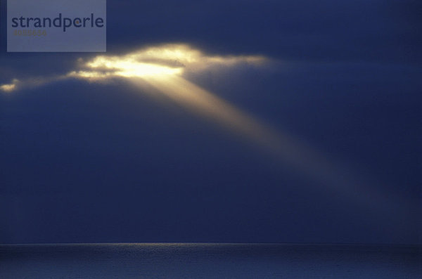 Lichtstrahl über dem Meer  Sonnenaufgang hinter dunklen Regenwolken vor Fuerteventura  Kanarische Inseln  Spanien  Europa