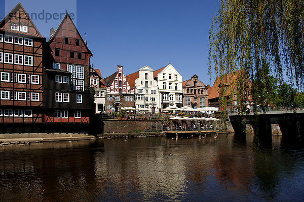 Alte Giebelhäuser und Gartenlokal am Wasser  Lüneburg  Niedersachsen  Deutschland  Europa