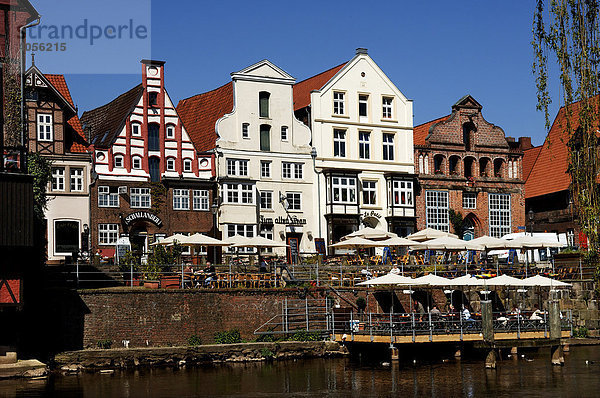 Alte Giebelhäuser und Gartenlokal am Wasser  Lüneburg  Niedersachsen  Deutschland  Europa