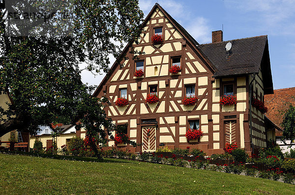 Fränkisches Fachwerkhaus mit Garten  Großbellhofen  Mittelfranken  Bayern  Deutschland  Europa
