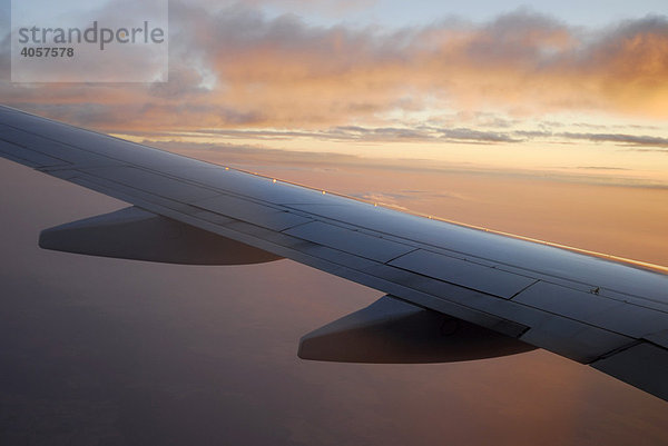 Silberner Flügel im Sonnenuntergang  Anflug von einem Boeing 737-800 Flugzeug auf Frankfurt  Deutschland  Europa