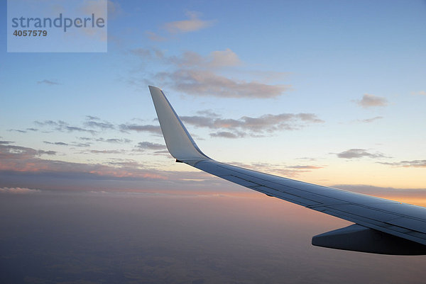 Silberner Flügel im Sonnenuntergang  Anflug von einem Boeing 737-800 Flugzeug auf Frankfurt  Deutschland  Europa