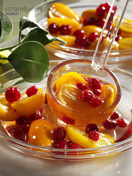 Kumquats und Cranberries in Wodka in Glasschälchen mit Schöpfkelle