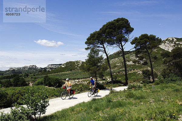 Radfahrer bei Les Baux de Provence  Provence  Frankreich  Europa