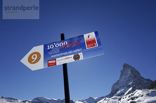 Wegweiser  Zermatt Ski Safari  Matterhorn  Zermatt  Wallis  Schweiz  Europa
