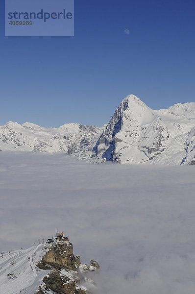 Panoramablick vom Schilthorn  Piz Gloria über die Bergstation Birg auf den Eiger mit Nordwand  Lauterbrunnen  Berner Alpen  Schweiz  Europa