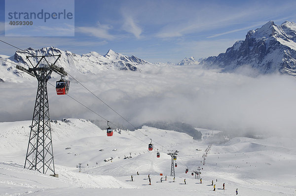 Männlichen Cableway mit Blick auf First und Wetterhorn  Grindelwald  Berner Alpen  Schweiz  Europa