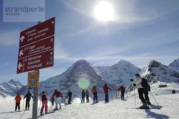Richtungstafel  Skifahrer auf dem Männlichen mit Blick auf Wetterhorn  Eiger und Tschuggen  Grindelwald  Berner Alpen  Schweiz  Europa