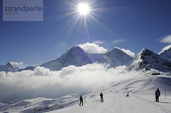 Skifahrer auf dem Männlichen mit Blick auf Wetterhorn  Eiger  Mönch und Tschuggen  Grindelwald  Berner Alpen  Schweiz  Europa