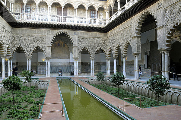 Patio de Monteria  Innenhof  Alcazar  mittelalterlicher Königspalast  Sevilla  Andalusien  Spanien  Europa