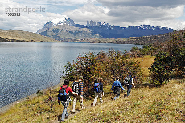 Wanderer an der Laguna Azul  Torres del Paine Nationalpark  Patagonien  Chile  Südamerika
