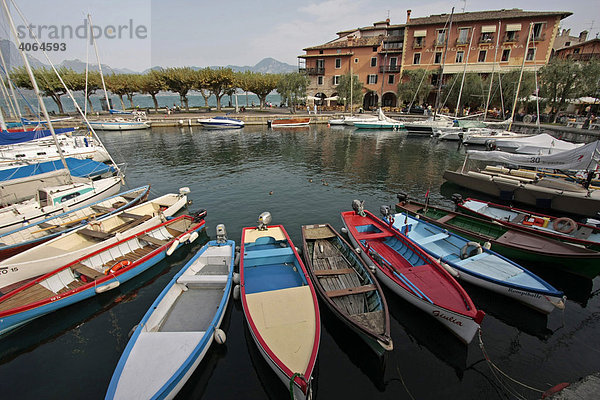 Boote im Hafen von Torri del Benaco am Gardasee  Italien  Europa